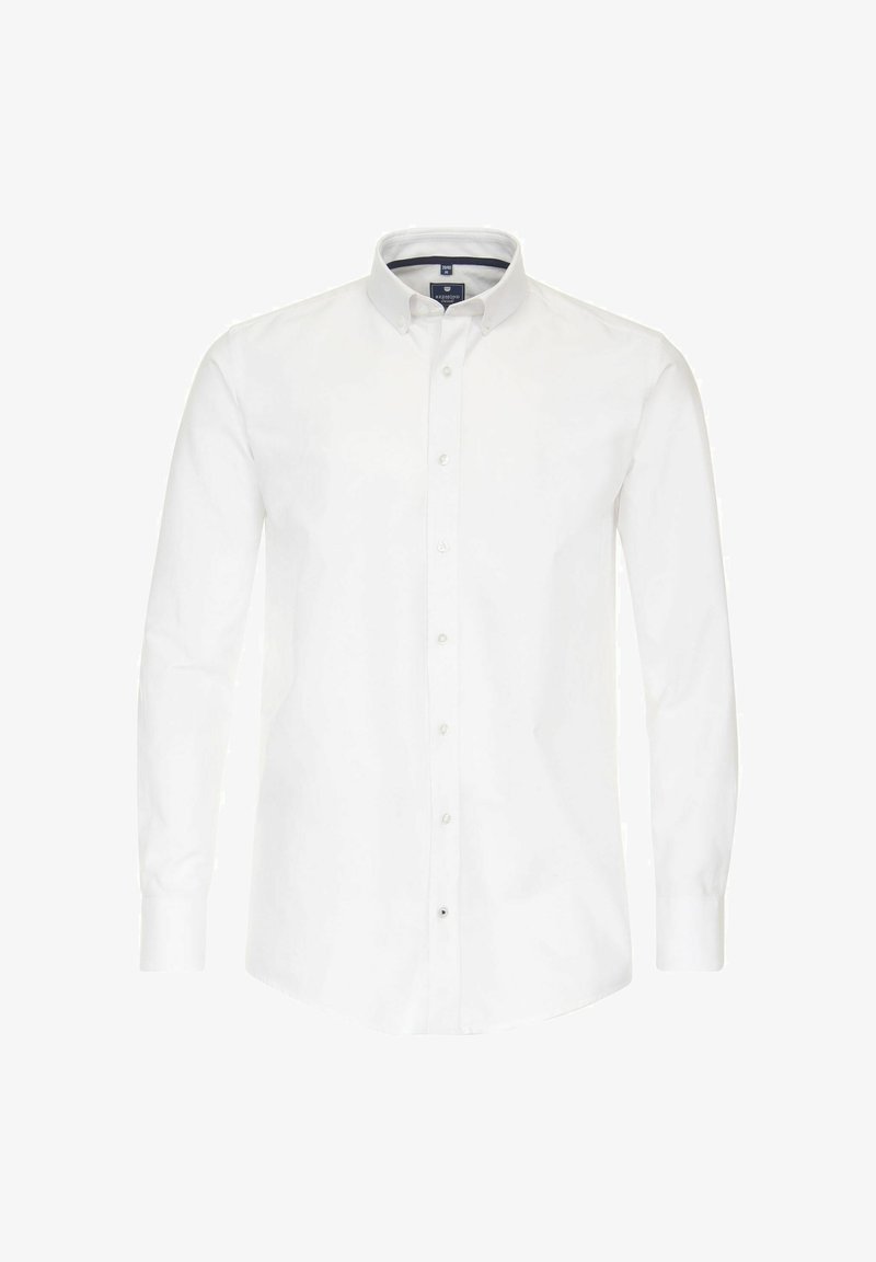 Weißes Hemd mit langen Ärmeln, klassischem Kragen und glatter Baumwolltextur. Verfügt über eine zentrale Knopfleiste und abgerundeten Saum.