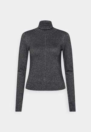 Pull à col roulé métallisé noir et argent à manches longues, silhouette ajustée et légère brillance sur tout le tissu.