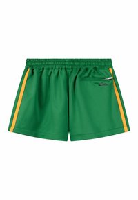 Short de sport vert avec des bandes latérales jaunes, taille élastique et petite poche zippée sur le côté droit.