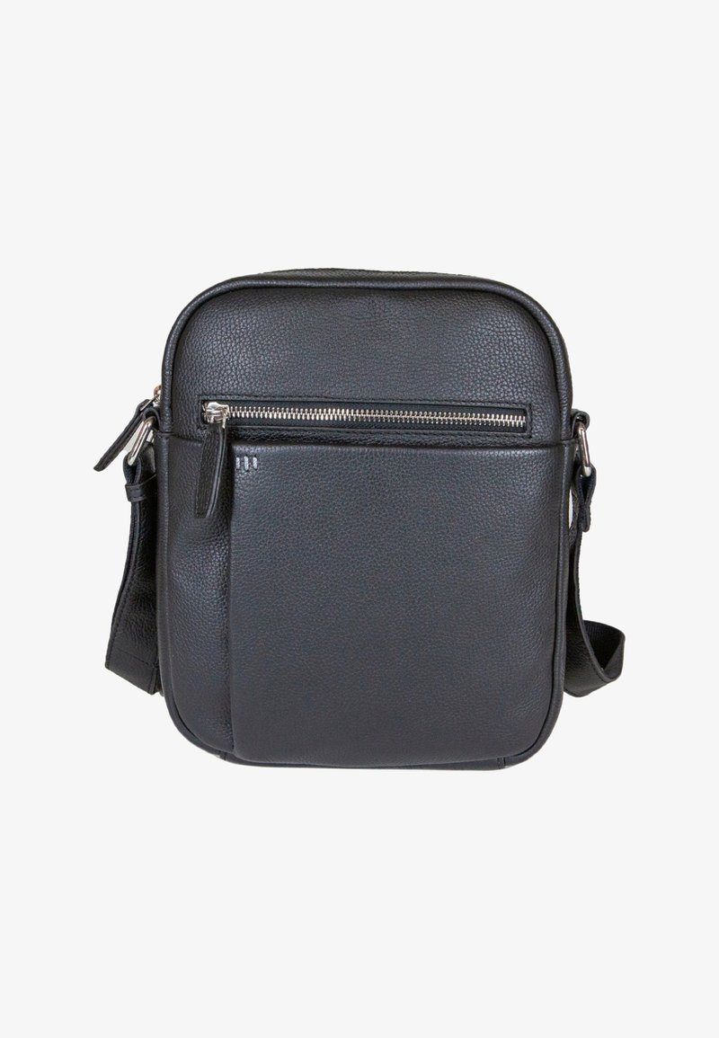 Juodas odinis per petį nešiojamas krepšys su tekstūruotu paviršiumi, stačiakampio formos, priekinį užtrauktuką turintis kišenė, reguliuojama juosta ir sidabro spalvos detalės.