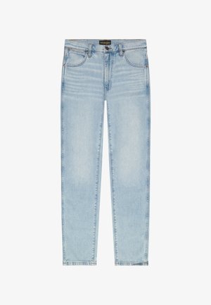 Φωτεινά γαλάζια στενά τζιν ψηλόμεσα με μπροστινές τσέπες, θηλιές για ζώνη, κλείσιμο με κουμπί και ετικέτα της μάρκας Wrangler στη μέση.