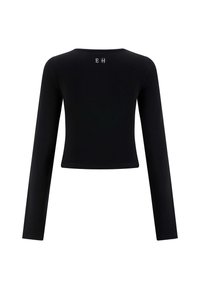 Schwarzes, langärmeliges, cropped Top mit Rundhalsausschnitt, das ein kleines weißes "EH"-Stickerei auf der oberen Rückseite in der Mitte hat.