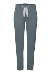 Graue Jogginghose aus weichem Stoff, mit einem Kordelzugbund und zwei Seitentaschen. Schmal geschnitten mit elastischen Bündchen an den Knöcheln.