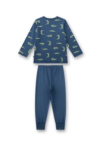 Blue cotton pajama set featuring long-sleeve top with green dinosaur patterns and matching elastic waist pants. Soft, lightweight fabric.