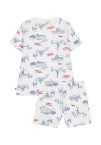 Katoenen pyjama set met een witte achtergrond en blauwe omtrek schetsen van Parijs bezienswaardigheden en rode tekstaccenten. Korte mouwen en shorts.
