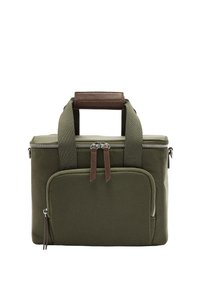 Torba oliwkowozielona z brązową skórzaną rączką, zamkiem błyskawicznym i przednią kieszenią. Tkanina ma gładką fakturę, solidną konstrukcję i podwójne zamki błyskawiczne.