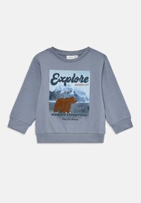 Felpa per bambini grigio-blu con grafica di montagna e orso, con le scritte "Esplora", "Voglia di avventura" e "Missioni nella fauna selvatica".