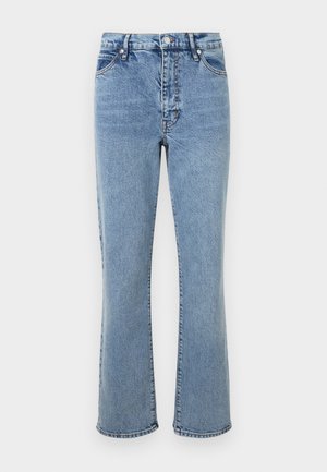 Helle Jeans aus Denim-Material, mit hoher Taille, ausgestelltem Beinschnitt, Fünf-Taschen-Design und kontrastierenden Nähten.