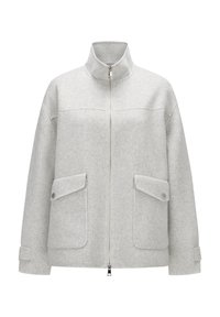 Hellgraue Zip-Jacke aus strukturiertem Wollmaterial, mit Stehkragen, zwei Fronttaschen und knöpfbaren Ärmelbündchen.