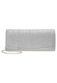 Clutch in glitter argento con forma rettangolare elegante, dotata di una sottile tracolla in argento e un sottile accento metallico curvo sul davanti.