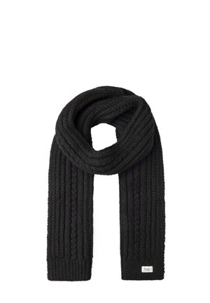 Sciarpa nera lavorata a maglia con motivi a coste e a treccia, piegata a forma di anello con etichetta su un'estremità, su sfondo bianco.