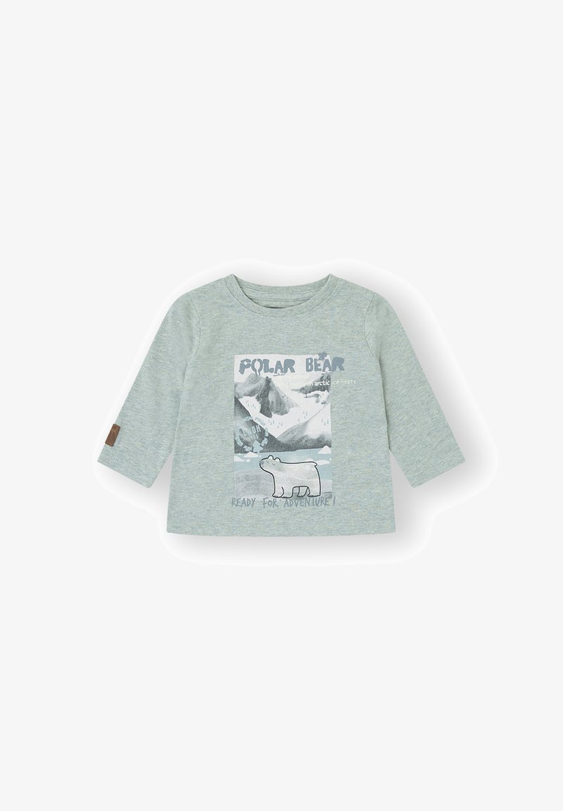 Camisa de manga larga para toddler en gris claro con un gráfico de oso polar, fondo de montaña nevada y el texto "OSEZNO POLAR listo para la aventura."