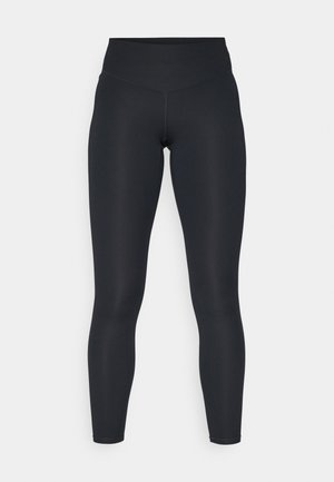 Leggings neri realizzati in tessuto elasticizzato, con vita alta, texture liscia e una vestibilità aderente. Nessun motivo visibile o accessori.
