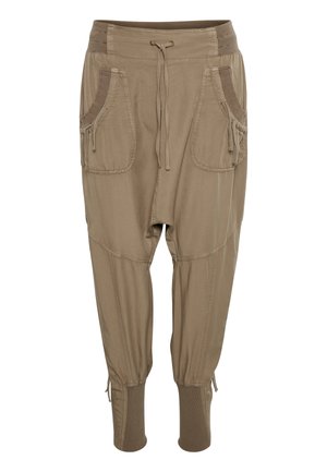 Jasnobrązowe, casualowe spodnie z elastycznym pasem, regulowanym sznurkiem, dużymi przednimi kieszeniami oraz ściągaczami przy kostkach.