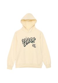 Hoodie color crema con una grafica frontale che recita "PYREX." Il design presenta lettere in grassetto nere e verdi e una texture morbida.