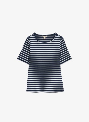 Námořnická modro-bílá pruhovaná tričko s krátkým rukávem, s žebrovanou strukturou a kulatým výstřihem. Diskrétní bílý lem na výstřihu.