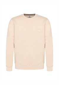 Felpa beige con scollatura a girocollo, maniche lunghe e polsini a coste. Tessuto leggermente testurizzato, con un piccolo logo ricamato sul petto.