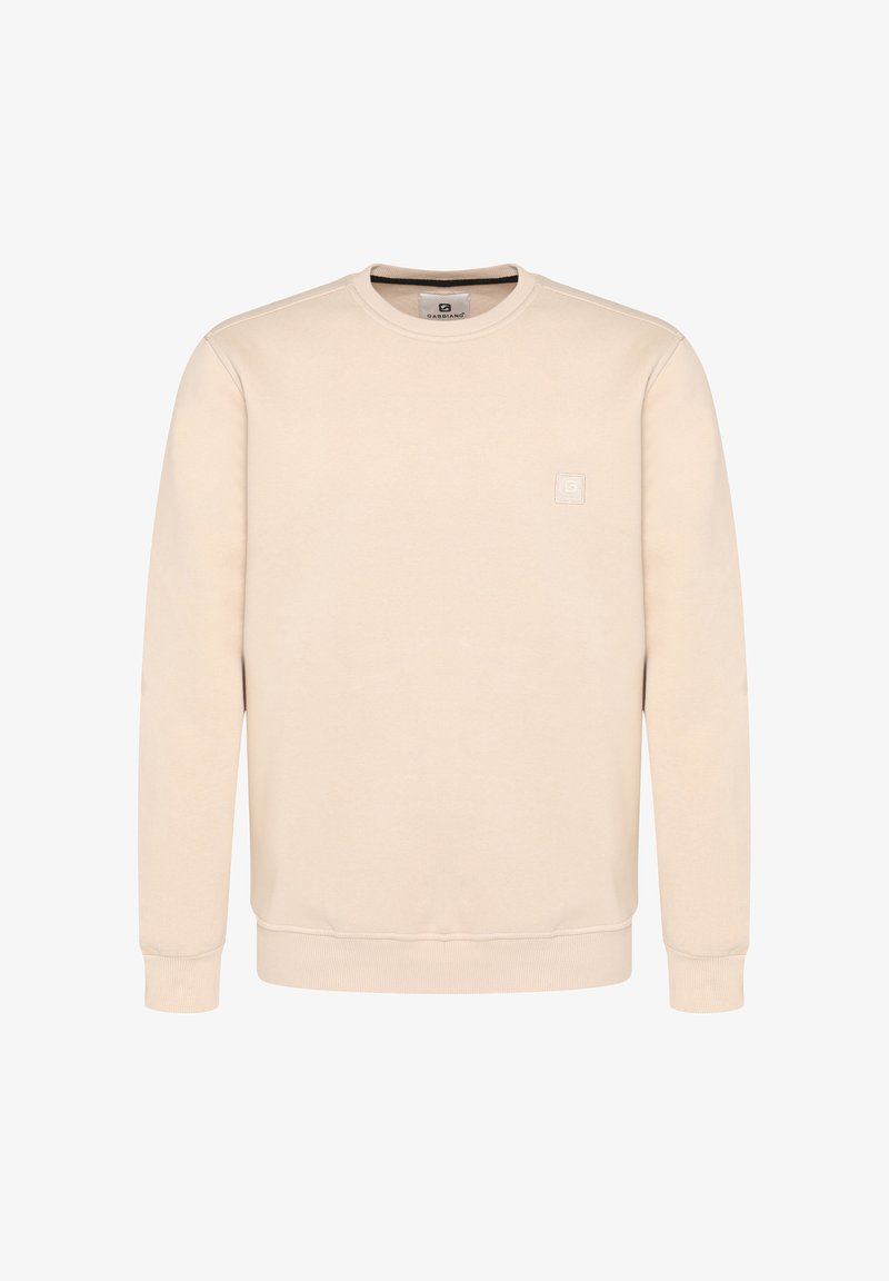 Beige sweatshirt met een ronde hals, lange mouwen en geribde manchetten. Subtiele textuurstof, met een klein logo-opdruk op de borst.