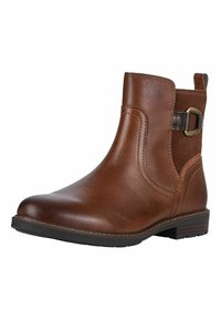 Bottine en cuir marron avec un bout arrondi, des panneaux élastiques latéraux, une boucle décorative et un petit talon empilé avec une semelle en caoutchouc texturé.