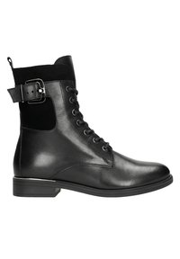 Stivale alla caviglia nero con superficie in pelle liscia, dettagli in suede, chiusura con lacci, cinturino laterale con fibbia e tacco rettangolare basso.