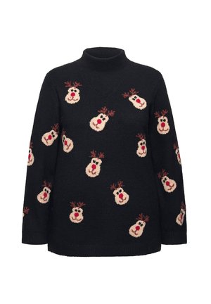Pull noir avec un motif de visages de rennes aux nez roses et aux bois. Col montant, manches longues, texture tricotée.