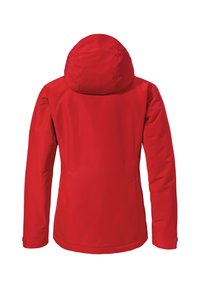 Red waterproof jacket with a hood, long sleeves, and a smooth texture. Features a tailored fit and minimalistic design.