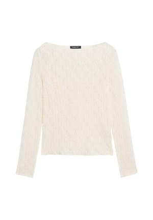 Witte blouse met lange mouwen van getextureerd kant, een boothals en een iets cropped zoom.