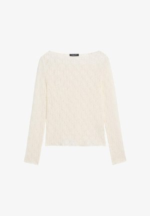 Witte blouse met lange mouwen van getextureerd kant, een boothals en een iets cropped zoom.