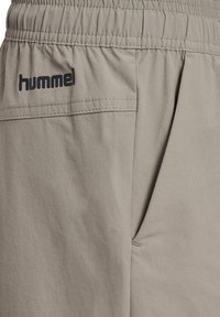 Szare spodenki sportowe wykonane z lekkiego materiału. Posiadają elastyczny pas, boczne kieszenie oraz logo 'hummel' w ciemnym kolorze.