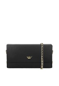 Clutch rettangolare in pelle nera con tracolla in catena dorata e piccolo logo dorato centrato sulla patta anteriore.