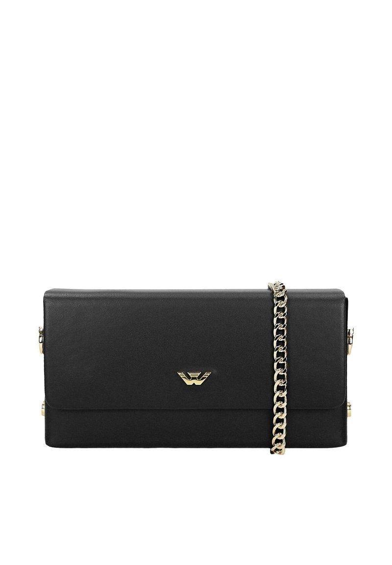Clutch rettangolare in pelle nera con tracolla in catena dorata e piccolo logo dorato centrato sulla patta anteriore.