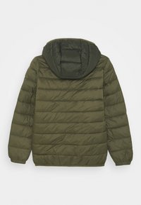 Dziecięca oliwkowo-zielona pikowana kurtka z elastycznymi mankietami i przymocowanym ocieplanym kapturem, pokazana z tyłu na białym tle.