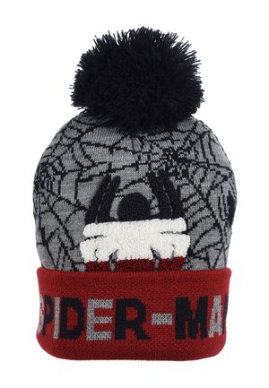 Gray and red knitted beanie with black spider web pattern, white spider emblem, and black pom-pom on top; "SPIDER-MAN" text on red cuff.