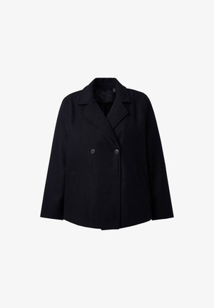 Schwarzer Wollmischungs-Peacoat mit doppelreihigem Frontverschluss, Reverskragen und seitlichen Taschen. Verfügt über einen lässigen Schnitt und eine glatte Textur.