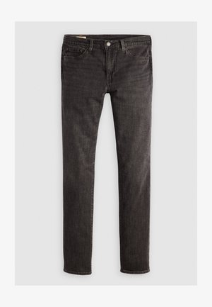 Black denim jeans with a slim fit, featuring five-pocket design, brass button, and subtle texture. No visible patterns or additional embellishments.