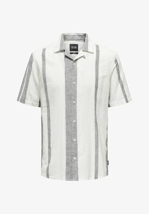 Lyhythihainen, nappipaitamallinen paita, jossa on valko- ja harmaaraidallinen pellava, klassinen kaulus ja viisi nappia edessä.