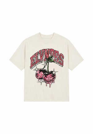 Camiseta color crema con texto grande en rojo "ELVNDRS" sobre dos cerezas estilizadas que gotean, con tallos y hojas verdes.
