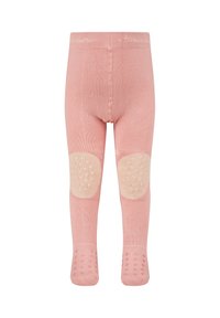 Rosa Strumpfhose mit strukturierten beigen Knie-Patches und rutschfesten Punkten an den Füßen. Weicher gerippter Bund mit Logodetail oben.