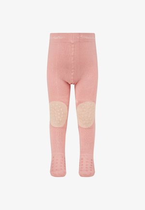 Rosa Strumpfhose mit strukturierten beigen Knie-Patches und rutschfesten Punkten an den Füßen. Weicher gerippter Bund mit Logodetail oben.