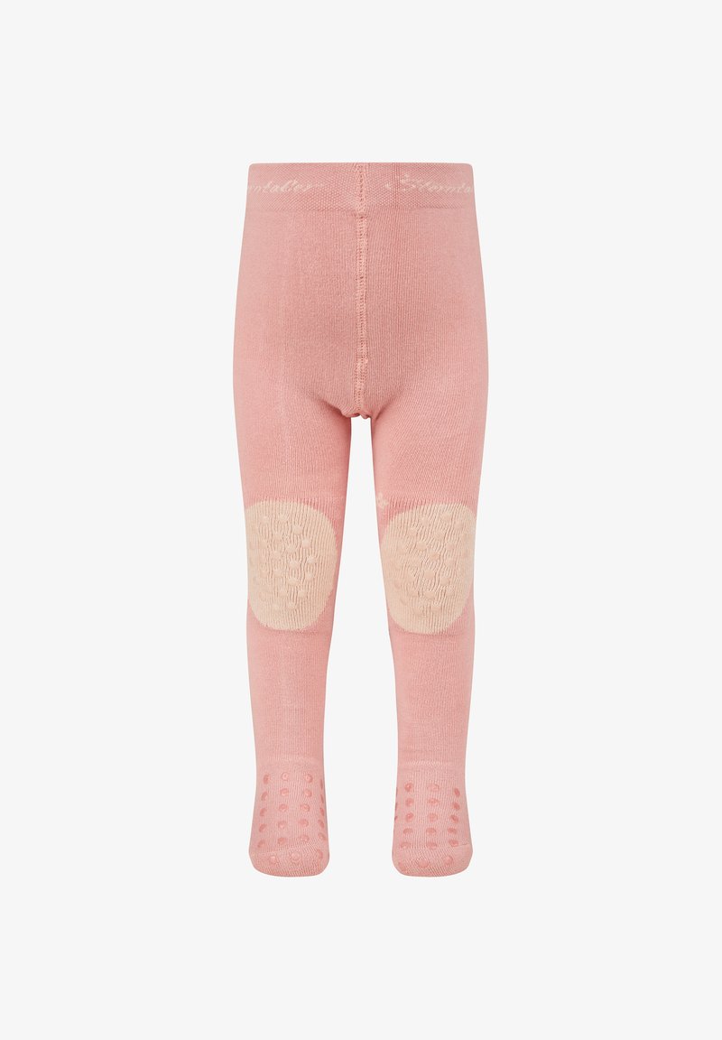 Rosa Strumpfhose mit strukturierten beigen Knie-Patches und rutschfesten Punkten an den Füßen. Weicher gerippter Bund mit Logodetail oben.