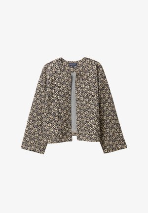 Blau-gemusterte Jacke mit floralem Design, langen Ärmeln, offenem Frontbereich und strukturiertem Gewebe. Das Design ist mit kleinen beige Blumen durchzogen.