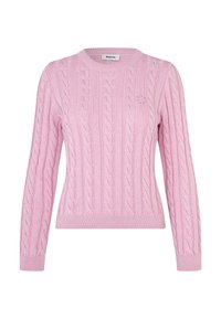 Ροζ πουλόβερ σε πλέξη κανούρας με στρογγυλή λαιμόκοψη, μακριά μανίκια, ριμμένη ύφανση στο τελείωμα και υφή. Φτιαγμένο από μαλακό νήμα για άνεση.