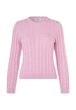 Rosa kabelstrikket genser med rund hals, lange ermer, ribbestrikket nederkant og teksturert mønster. Laget av mykt garn for komfort.