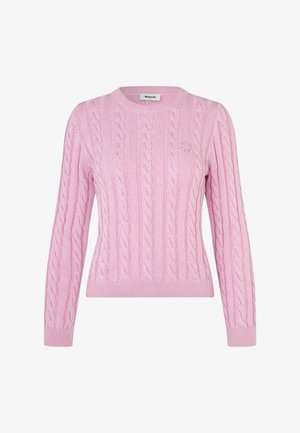 Lyserød kabelstrik sweater med rund hals, lange ærmer, ribbet kant og tekstureret mønster. Fremstillet af blødt garn for komfort.