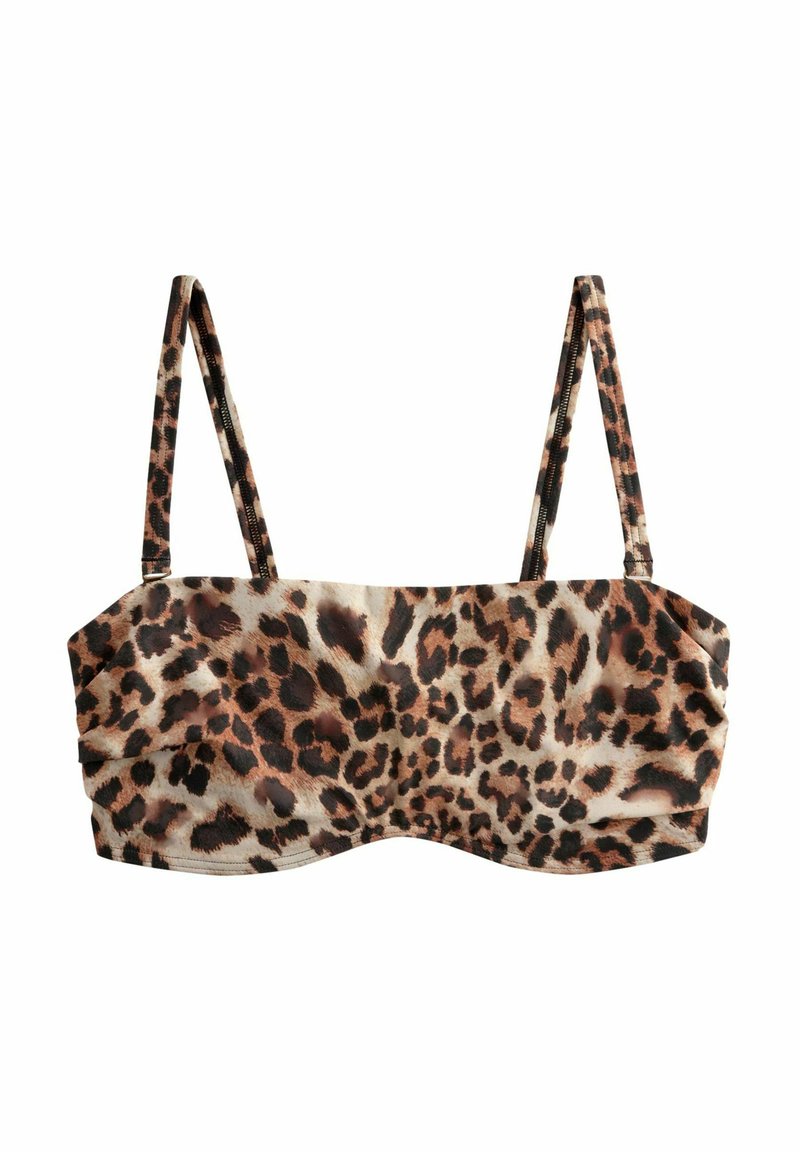 Top bikini in stampa leopardata, con tessuto testurizzato, spalline doppie regolabili e forma bandeau strutturata, in tonalità di marrone e beige.