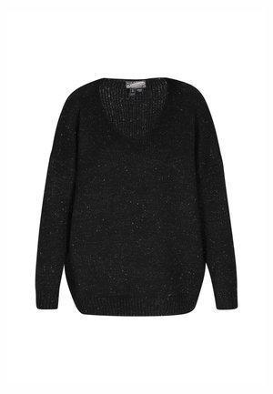 Černý pletený svetr s výstřihem do V, dlouhými rukávy a volným střihem. Má texturovaný povrch s bílými skvrnkami po celém výrobku.