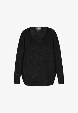 Černý pletený svetr s výstřihem do V, dlouhými rukávy a volným střihem. Má texturovaný povrch s bílými skvrnkami po celém výrobku.