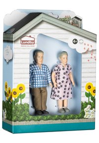 Zwei Puppenfiguren in einem verpackten Set. Eine trägt ein blau kariertes Hemd und braune Hosen; die andere hat ein pinkes Blumenkleid und graue Schuhe.