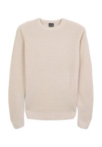 Maglione lavorato a maglia in beige chiaro con colletto tondo, polsini e orlo a coste; tessuto a trama con un design semplice e classico.