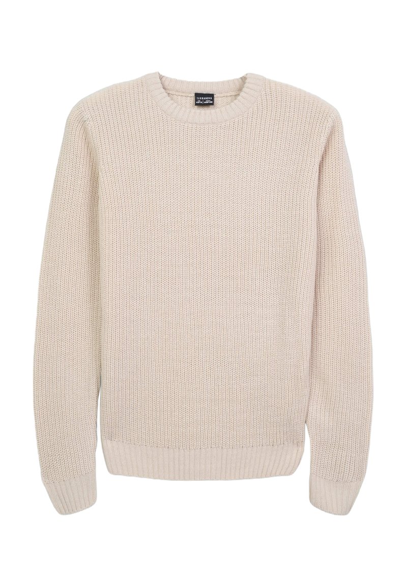 Maglione lavorato a maglia in beige chiaro con colletto tondo, polsini e orlo a coste; tessuto a trama con un design semplice e classico.